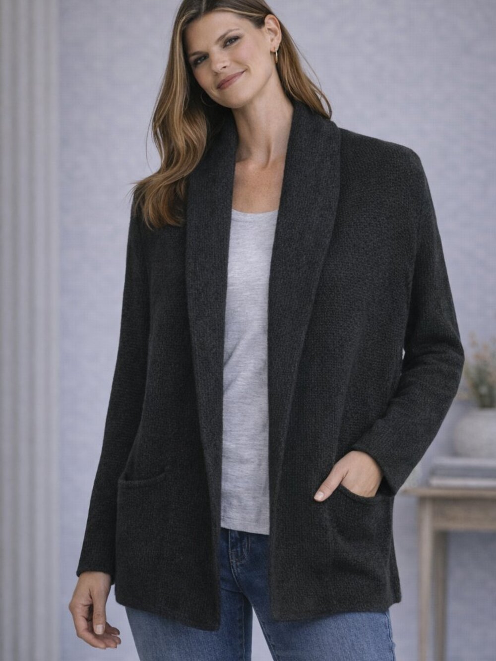 Peruvian Connection Black Bouclé Shawl Collar Cardigan Coat Size L NWT